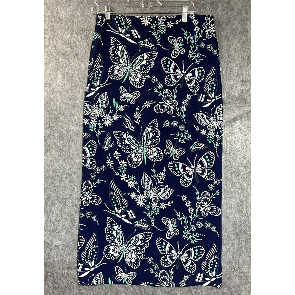 Vintage Skirt Womens Large Blue Butterflies Pull On Maxi Back Slit Teacher Y2K